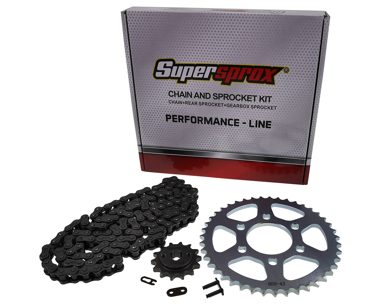 Kettensatz Performance KIT Stahl SUPERSPROX 428 Teilung, 14 / 43 Zähne kompatibel für Benelli BN 125 (19-23) Ersatz Moped Motorrad Kettensatz Ritzel K
