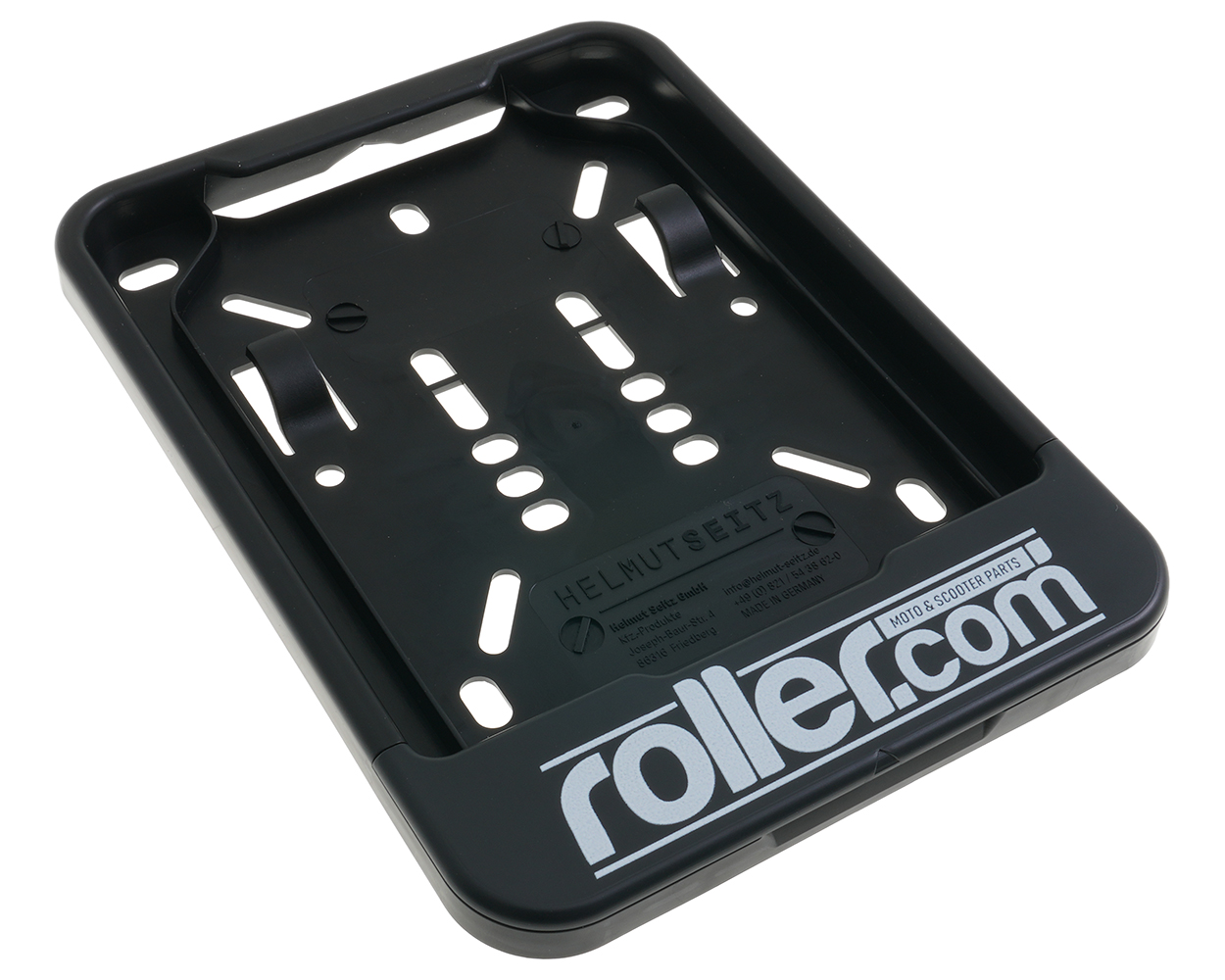 Nummernschildhalterung mit roller. com Logo, schwarz, 135x110 mm