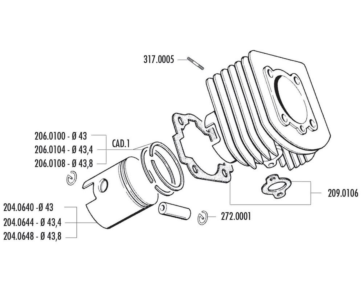 Kolben POLINI 63 ccm kompatibel für Piaggio, Vespa AL, ALX, NLX, Vespino 43,8 MM