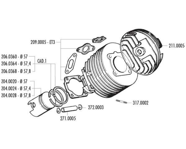 Piston POLINI 130cc double entrée compatible pour Vespa 125 ETS, PK, Primavera 2T, Primavera ET3 2T, XL