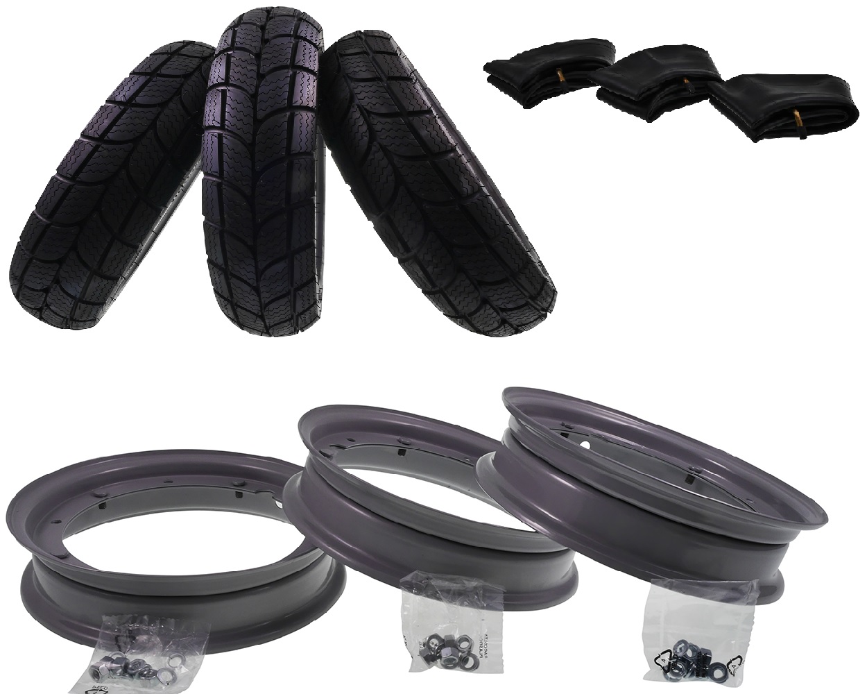 Reifen Kit KENDA K701 100/90-10 61J TL (MS), Felge 2.10-10 RMS grau, Schlauch 10 Zoll (V 90 Grad)