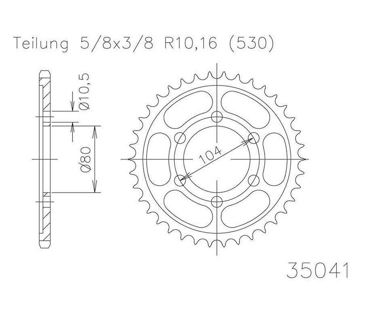 Kettenrad Stahl 44 Zähne 530er Teilung (5/8x3/8)