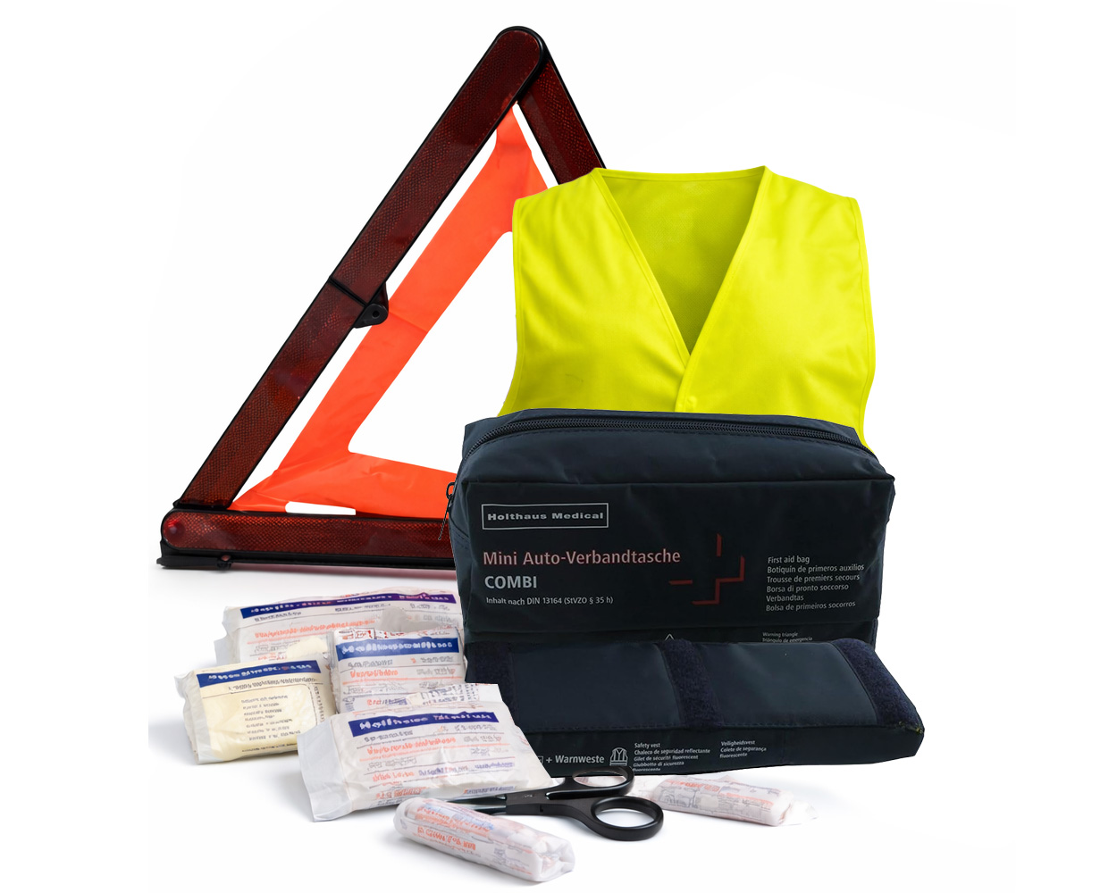 Verbandstasche Mini 3in1 Warnweste Warndreieck, Verbandskasten, Motorrad, KFZ, Auto, Quad, Bike, ATV universal