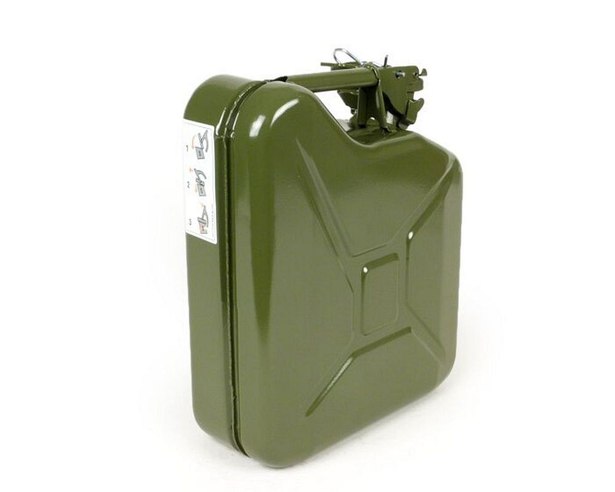 Benzinkanister FA ITALIA 5L Metall oliv grün für Gepäckträger Vespa Largeframe Sprint, Rally, TS, GT, GTR, PX (vorne)