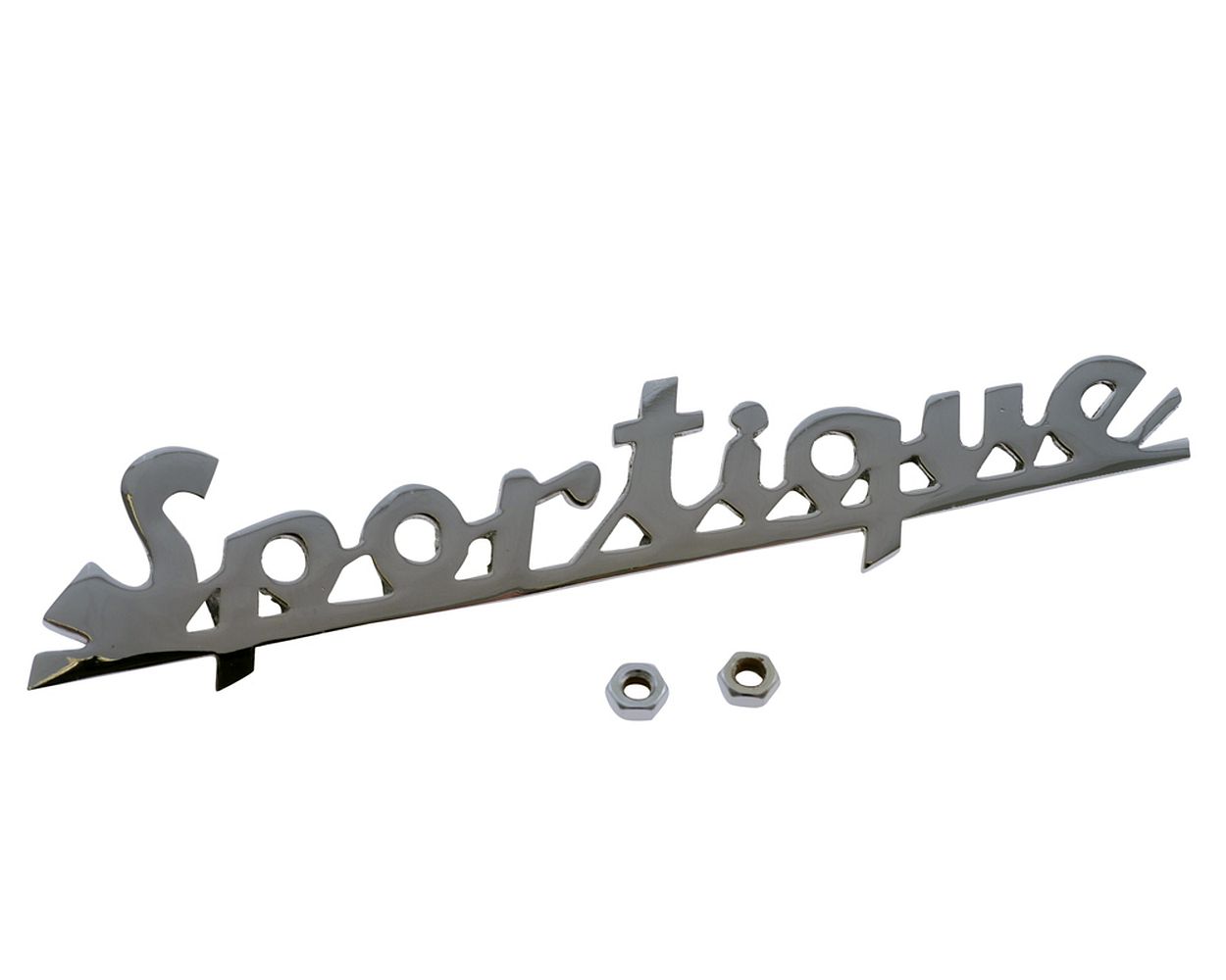 Schriftzug Emblem für Beinschild Sportique unterstr chrom 115x25 mm, 2 Pin