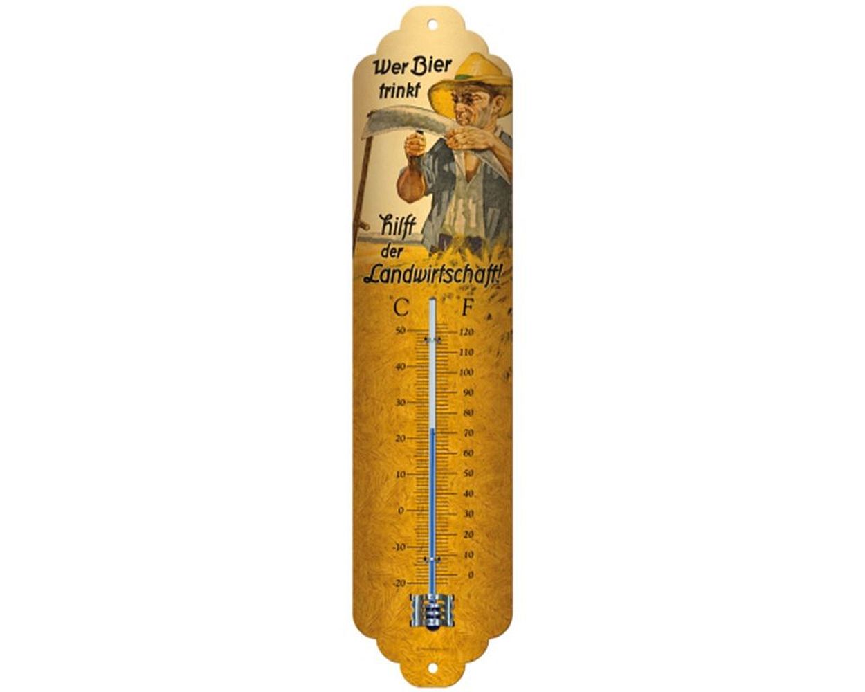 Thermometer Nostalgic Art -Wer Bier trinkt hilft der Landwirtschaft-, 65x280 mm Vintage Temperaturmesser Optik