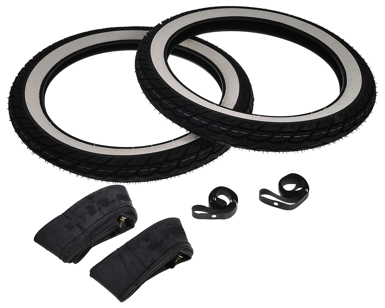 Reifensatz Weißwand KENDA K418 2.75-17 41P + Schläuche + Felgenbänder