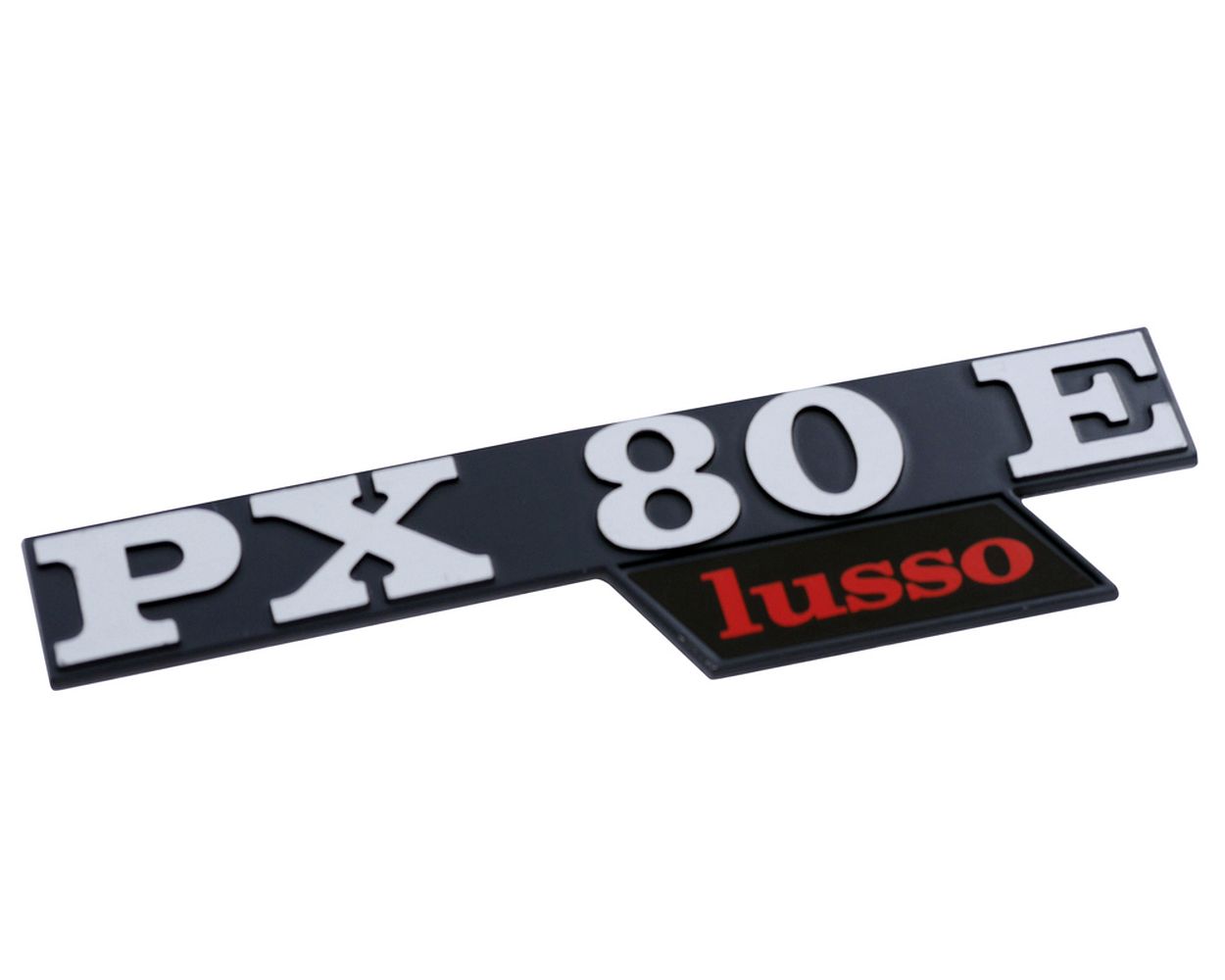 Schriftzug Emblem für Seitenhaube PX80 E Lusso alu/rot/schwarz 130x33 mm, 2 Pin