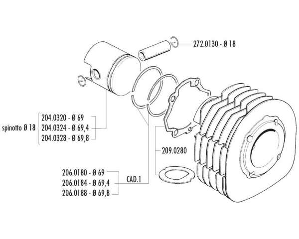 Piston POLINI 225ccm axe de piston 18mm pour Ape 601 V, Car P2, P 501, P 602, TM 703