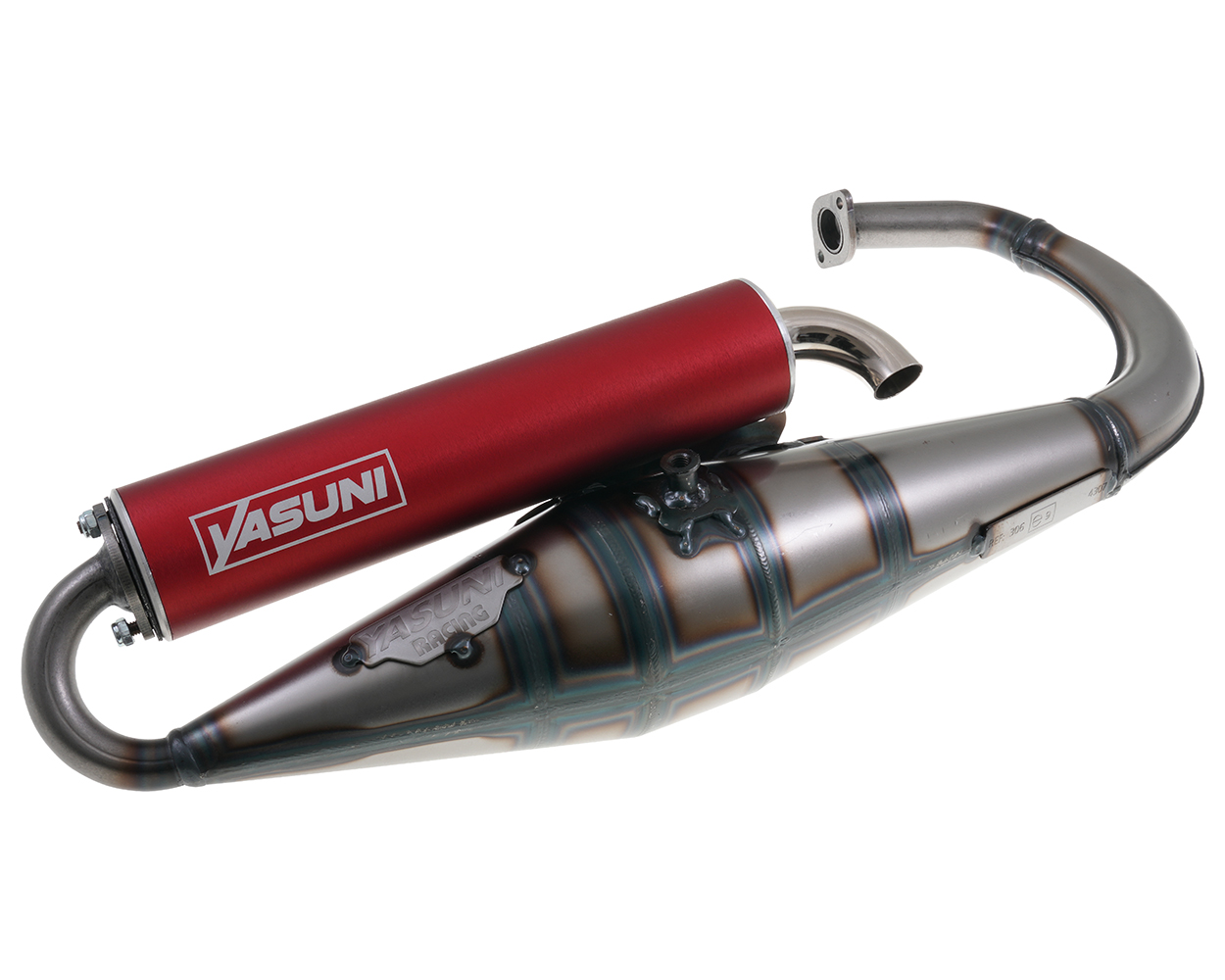 Auspuff YASUNI Scooter Z mit rotem Endschalldämpfer, kompatibel für Minarelli stehend
