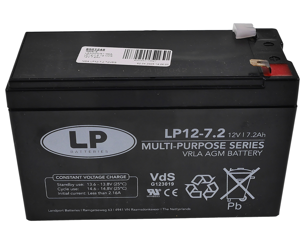 Batterie LANDPORT NSA LP12-7,2 T2 VDS 12 V 7,2 Ah, kompatibel für Alarmanlagen, Sicherheitssysteme, Rolladen, Standby