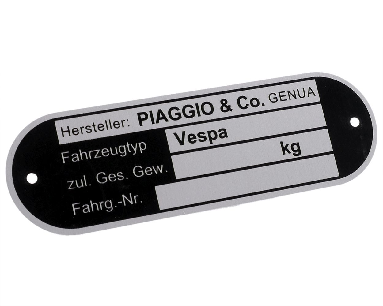 Typenschild kompatibel für PIAGGIO und CO. Genova schwarz, Aluminium geätzt, Befestigung:2 Nieten, 80x25x0,6 mm