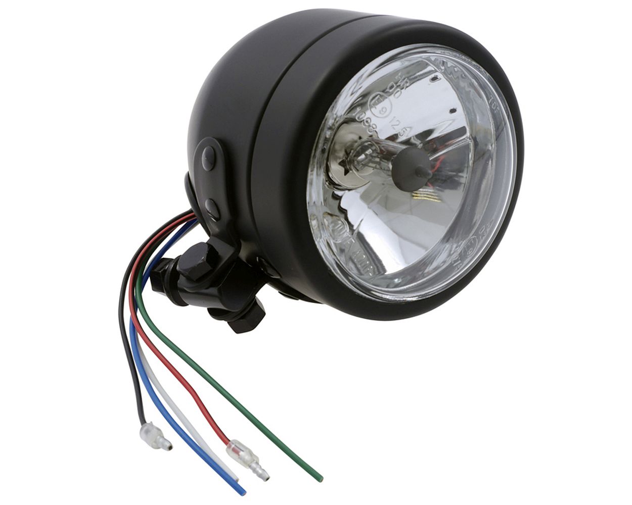 Scheinwerfer H4 Fernlicht schwarz, 90 mm, mit unterer Befestigung, Motorrad