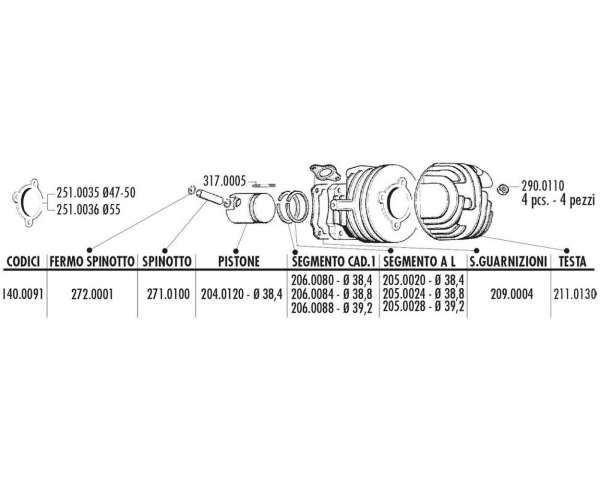 Segments de piston POLINI (en haut) pour Vespa PK 50, Special 50, XL 50