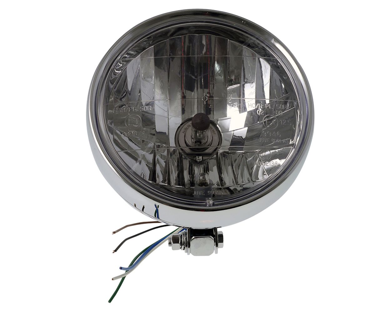 Scheinwerfer H4, 6 1/2 Zoll, Motorrad, Metallgehäuse, verchromt, Standlicht